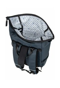 Dunkelgrauer Rucksack mit einem Reißverschluss oben, der ein gemustertes Innenfutter hat. Verfügt über verstellbare Träger und Seitentaschen für die Aufbewahrung.