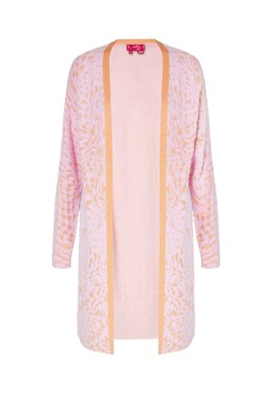 Roze cardigan van een gestructureerde stof, met een oranje accent en subtiele bloemenpatroon. Lange mouwen en een open voorkant ontwerp.