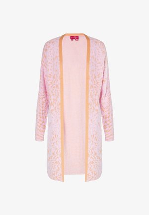 Rózsaszín kardigán texturált anyagból, narancssárga díszítéssel és finom virágmintával. Hosszú ujjú és nyitott elülső kialakítású.