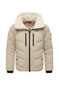 Beidzīte puffer jakas ar pūkainu baltu kažoku apkakli, melniem rāvējslēdzējiem, pildījuma dizainu un divām priekšējām rāvējslēdzēju kabatām.