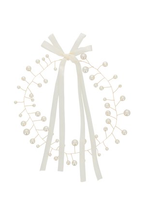 Couronne en perles avec de délicates branches en fil, ornée de rubans en satin ivoire et de perles disposées uniformément. Design structuré et léger.