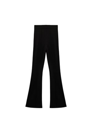 Pantalons évasés noirs en tissu lisse. Dotés d'une large taille et de détails de couture à l'avant, s'évasant au niveau de l'ourlet.