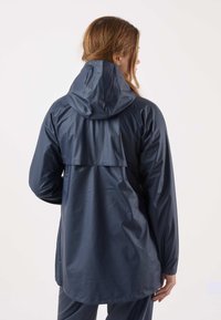 Water-resistant navy rain jacket with a fitted hood, long sleeves, back vent, and smooth texture, designed for outdoor use.
