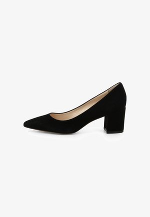 Décolleté in suede nero con punta appuntita, tacco a blocco e fodera interna liscia. Presenta una silhouette elegante e un design minimalista.