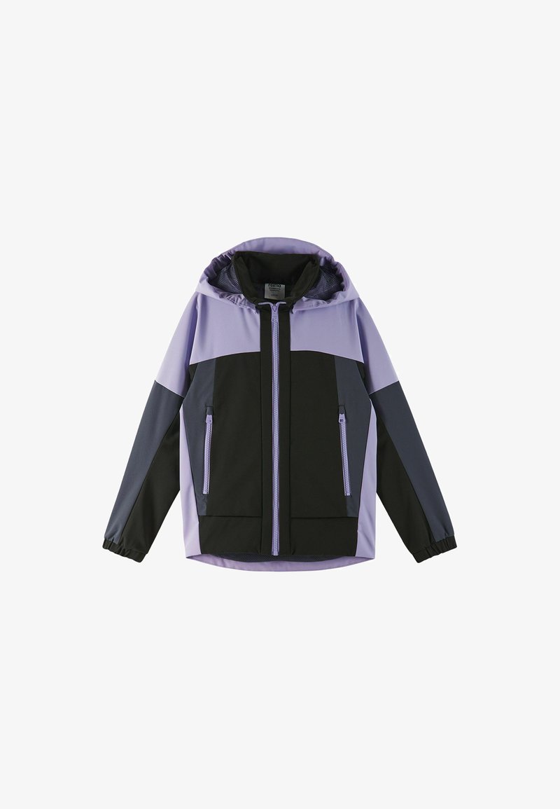 Farbenfrohe Jacke mit Kapuze, ausgestattet mit lila, schwarzer und dunkelgrauer Paneelen. Zwei zipbare Taschen und elastische Bündchen für eine sichere Passform.