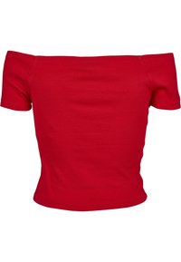 Top rosso scollato sulla spalla realizzato in tessuto a costine, caratterizzato da maniche corte e un design aderente. Texture liscia, colore uniforme senza motivi.