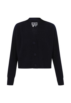 Dunkelblauer, kürzer geschnittener Cardigan aus strukturiertem Strickstoff mit V-Ausschnitt, drei großen Knöpfen und langen Ärmeln.