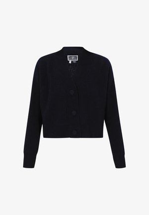 Tumedat sinise värviga lühendatud kardigan, mis on valmistatud tekstuurses kudumisest, millel on V-kujuline kaelus, kolm suurt nuppu ja pikad varrukad.