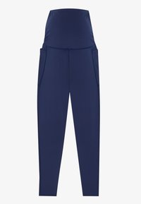Graviditetsleggings i marineblått, laget av elastisk stoff. Har høy midjebånd, to sidelommer og en jevn tekstur.