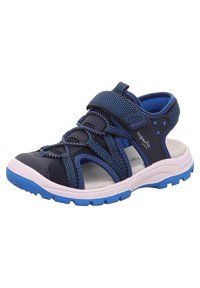 Dunkelblaue Sandalen mit atmungsaktivem Mesh-Obermaterial, verstellbaren Riemen und verstärkter Zehenkappe. Weiße Zwischensohle mit blauer Sohle für besseren Halt.