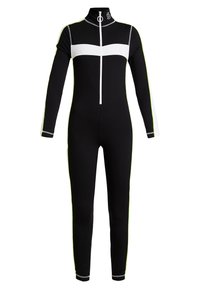 Svart helzip bodysuit med långa ärmar, med ett vitt horisontellt rand över bröstet och neongröna sidopaneler. Elastisk tyg.