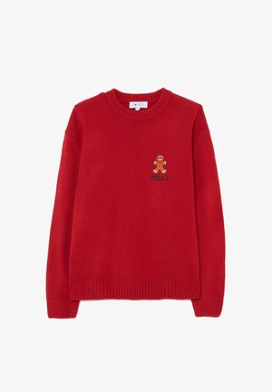 Maglione rosso a maglia con scollo tondo, maniche lunghe, polsini e orlo a coste. Presenta un ricamo a forma di omino di pan di zenzero sul petto.