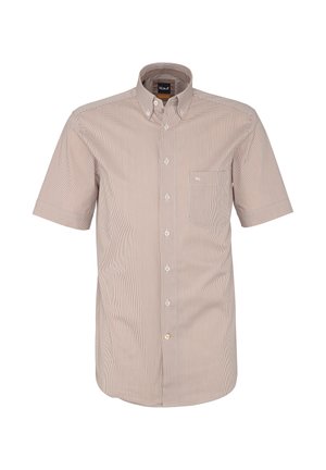 Kurzärmeliges beiges kariertes Hemd zum Knöpfen mit geknöpftem Kragen und Brusttasche mit kleinem Logo, dargestellt auf weißem Hintergrund.