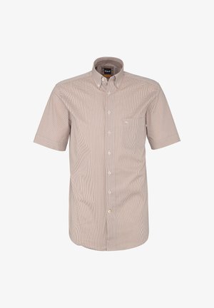 Kurzärmeliges beiges kariertes Hemd zum Knöpfen mit geknöpftem Kragen und Brusttasche mit kleinem Logo, dargestellt auf weißem Hintergrund.