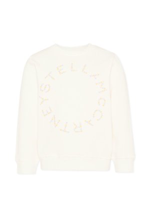 Felpa bianca a maniche lunghe con la scritta "Stella McCartney" disposta a cerchio da piccoli puntini pastello sul davanti.