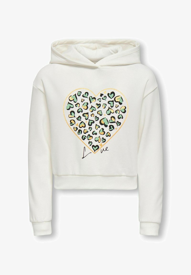 Hoodie blanc court avec un grand graphique en forme de cœur rempli de cœurs à motif léopard en vert, or et noir, avec le mot « Love » en dessous.