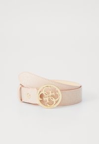Cintura in ecopelle rosa con una fibbia circolare dorata e logo in rilievo. Il cinturino presenta un motivo sottile e un dettaglio con chiusura a scatto.
