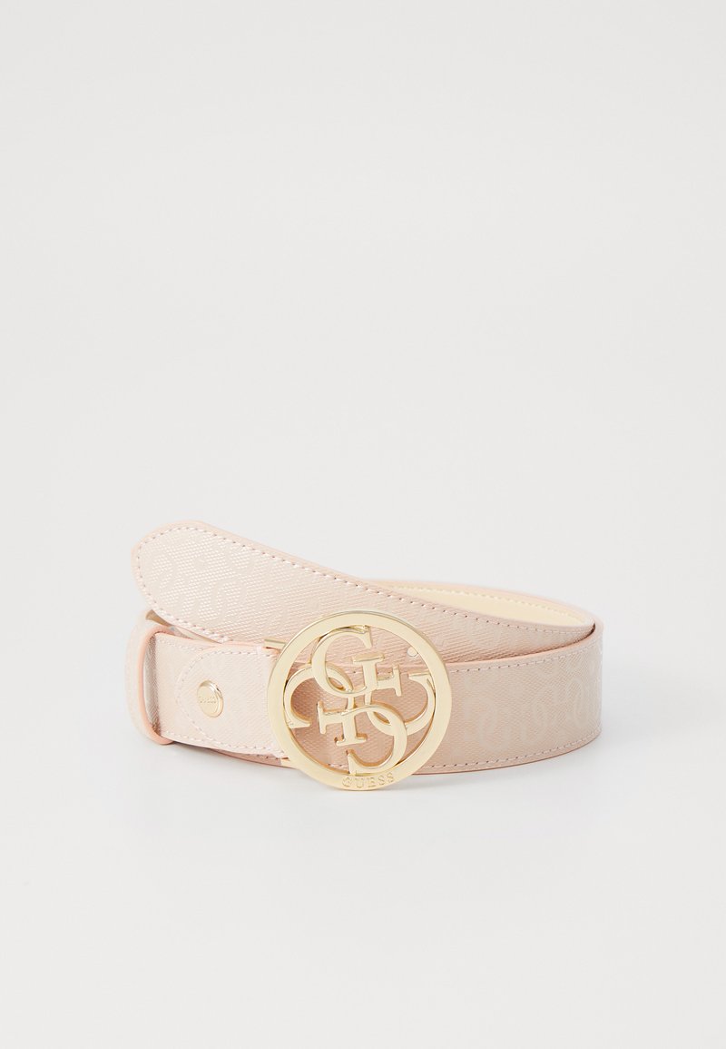Cintura in ecopelle rosa con una fibbia circolare dorata e logo in rilievo. Il cinturino presenta un motivo sottile e un dettaglio con chiusura a scatto.