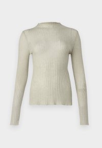 Haut à manches longues gris clair côtelé, avec un col montant et une coupe ajustée, fabriqué en tissu doux et texturé avec une légère brillance.