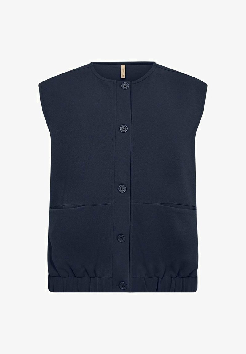 Marine blauwe mouwloze vest gemaakt van gladde stof, met een ronde halslijn, voorste knoopsluiting en twee voorzakken met een elastische zoom.