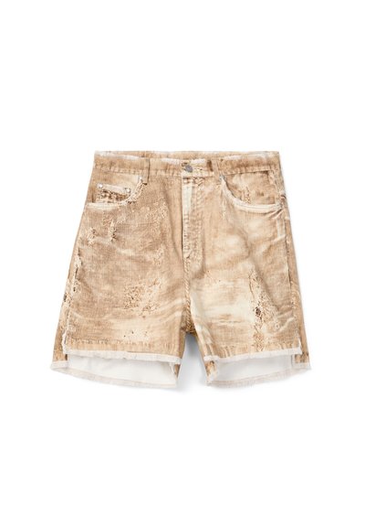 Beige corduroy shorts with distressed details, five-pocket design, frayed hems, and a front button closure on white background.