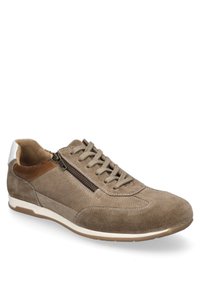 Ruske nubuk sneakers med en teksturert overdel, kontrasterende glatte lærdetaljer, snøring foran og glidelås på siden. Hvit gummisåle.