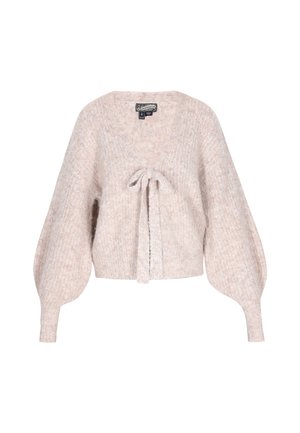 Bežinė megztinė su ilgomis baliono rankovėmis ir priekyje rišamu mazgu, minkštas audinys, trumpesnis kirpimas.