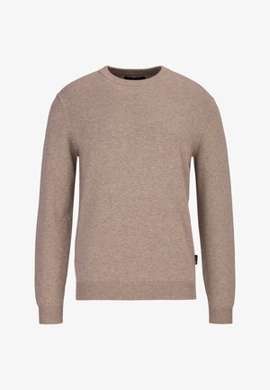 Pull en maille beige à manches longues avec encolure ronde, poignets et ourlet côtelés, présenté sur un fond blanc.