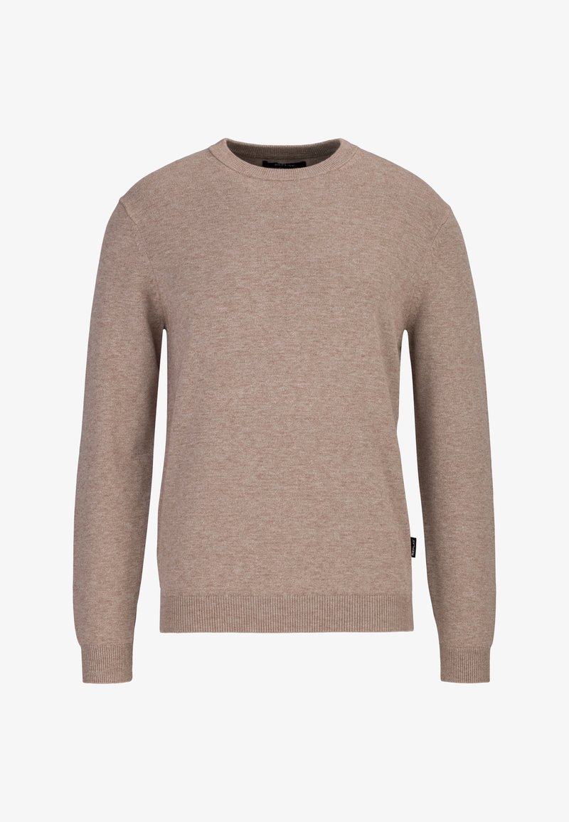 Pull en maille beige à manches longues avec encolure ronde, poignets et ourlet côtelés, présenté sur un fond blanc.