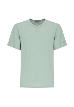 T-shirt verde chiaro tinta unita a maniche corte con scollo rotondo, con texture sottile e piccolo logo sulla manica sinistra.