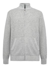 Ljusgrå zip-up cardigan i mjukt material, med ståkrage, ribbade manschetter och två sidofickor.