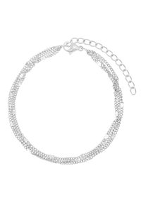 Bracciale multi-catena in argento con texture variate, accenti circolari e chiusura a gancio. Lunghezza regolabile con estensione della catena.