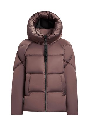 Veste mauve rembourrée avec une grande capuche à col haut, fermeture éclair sur le devant et poches latérales, conçue pour le temps froid.
