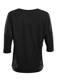 Black, long-sleeve top with a relaxed fit and wide neckline. Smooth fabric with a solid color, no patterns or embellishments.