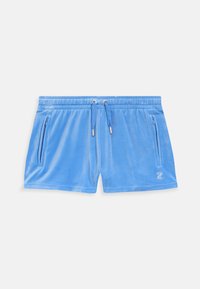 Light blue velour shorts with an elastic waistband, drawstring, and two side zip pockets. Features a small embroidered logo on the thigh.
