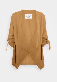 Veste marron légère à devant ouvert, design drapé, manches retroussées et liens ajustables aux poignets. Texture lisse, style décontracté.