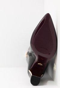 Svart läder högklackad sko med spetsig tå, guld detaljer och en vinröd sula prydd med varumärkesnamnet.