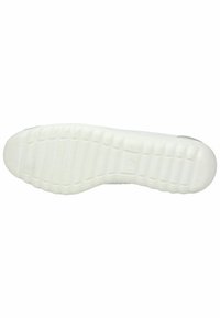 Weiße Sneaker-Sohle mit einem strukturierten Gummimuster, das einen multidirektionalen Grip und eine abgerundete Zehenpartie bietet. Glatte Oberfläche mit leichten Flexrillen.