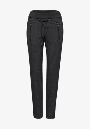 Un pantalon de jogging noir avec une taille élastique et un cordon de serrage, des poches latérales zippées et un tissu texturé. Coupe fuselée avec une finition lisse.