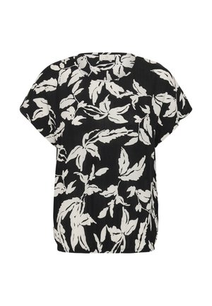 Melna īss piedurkņu blūze ar baltu abstraktu lapu rakstu un apaļu izgriezumu, ar vaļēju piegriezumu un elastīgu apakšmali.