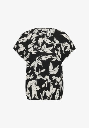 Must lühikeste varrukatega pluus valge abstraktse lehemustriga, ümmarguse kaelusega, lahtise lõike ja elastse äärega.