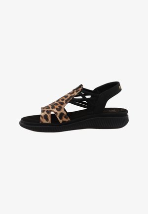 Sort og leopardmønstret slingback-sandal med krydsede stropper, tekstureret gummisål, åben tå-design og subtil brandingdetalje på hælen.