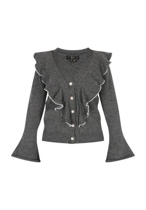 Grijze cardigan met een V-hals, gerimpelde voorkant, parelknoopjes en uitlopende mouwen. Gemaakt van een zachte stof. Beschikt over contrasterende bies langs de rimpels.
