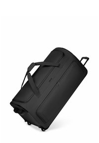 Borse da viaggio nera a rotelle con tessuto liscio, doppie maniglie, manico telescopico e molteplici tasche con zip per lo stoccaggio.