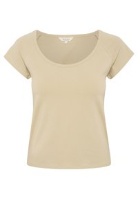 Beige T-Shirt mit kurzen Ärmeln und Rundhalsausschnitt, gefertigt aus leichtem Stoff. Bietet eine glatte Textur und eine lockere Passform, geeignet für lässige Anlässe.