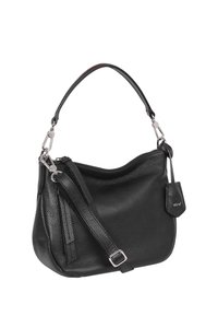 Black leather shoulder bag with a textured finish, zip closure, adjustable strap, and a small tag detailing the brand name.