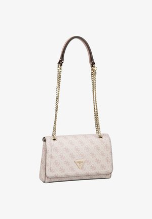 Borsetta rosa con design trapuntato e finiture dorate. Presenta una tracolla a catena e un accento con logo triangolare sulla parte frontale.