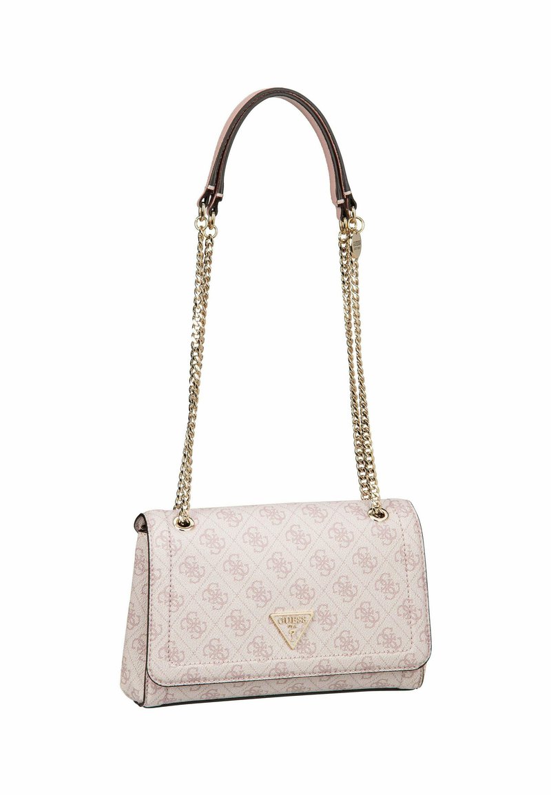 Borsetta rosa con design trapuntato e finiture dorate. Presenta una tracolla a catena e un accento con logo triangolare sulla parte frontale.