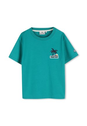Fel turquoise T-shirt met korte mouwen voor kinderen, ronde hals, met palmboomborduursel en de tekst "Tennis Club" op de linkerborst aan de voorkant.