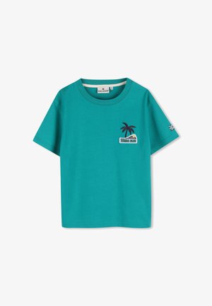 Fel turquoise T-shirt met korte mouwen voor kinderen, ronde hals, met palmboomborduursel en de tekst "Tennis Club" op de linkerborst aan de voorkant.